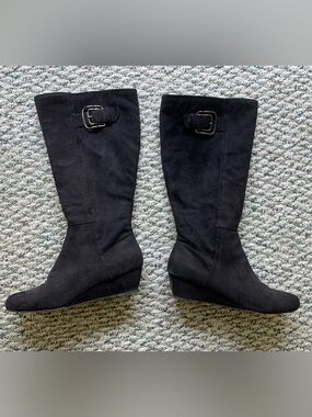 Impo Black Suede wide calf size 11 Wedge Boots with Buckle Accent